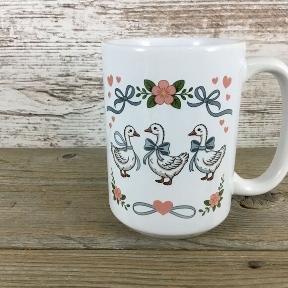 Goose with Bows and Hearts Floral Vintage Farmhouse Style 15 oz Ceramic Mug - Picture 3 of 3